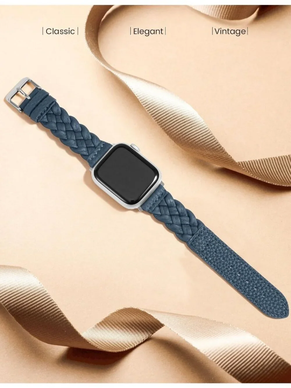 Women's Blue/Silver Braided Leather Strap Compatible with Apple Wrist Watch